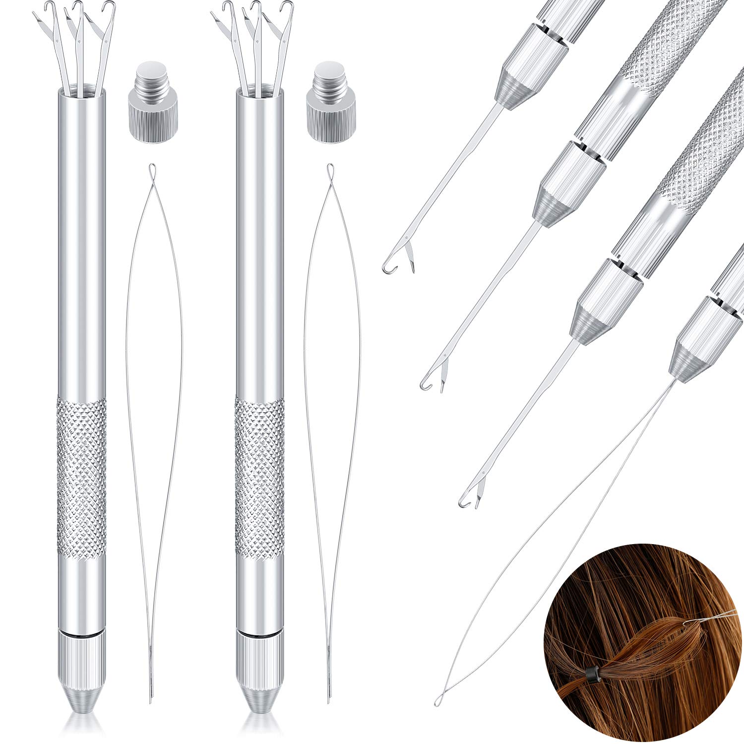Photo 1 of 2 Sets 4-in-1 Hair Extension Tools, Includes Loop Needle Threader, Knitting Needles and Holder for Beads Dreadlock Wig Hair Extensions Lace Wig Making, Loop Tools and Hooks