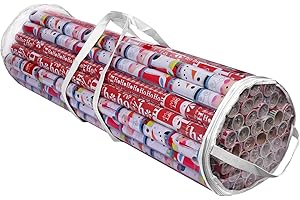 ProPik Christmas Gift Wrap Organizer Clear, Fits 24 Rolls of 40 Inch Long, Heavy Duty PVC Wrapping Paper Storage Bag with Handles and Zippered Top, Tote Clear Tube Container (White Trimming)