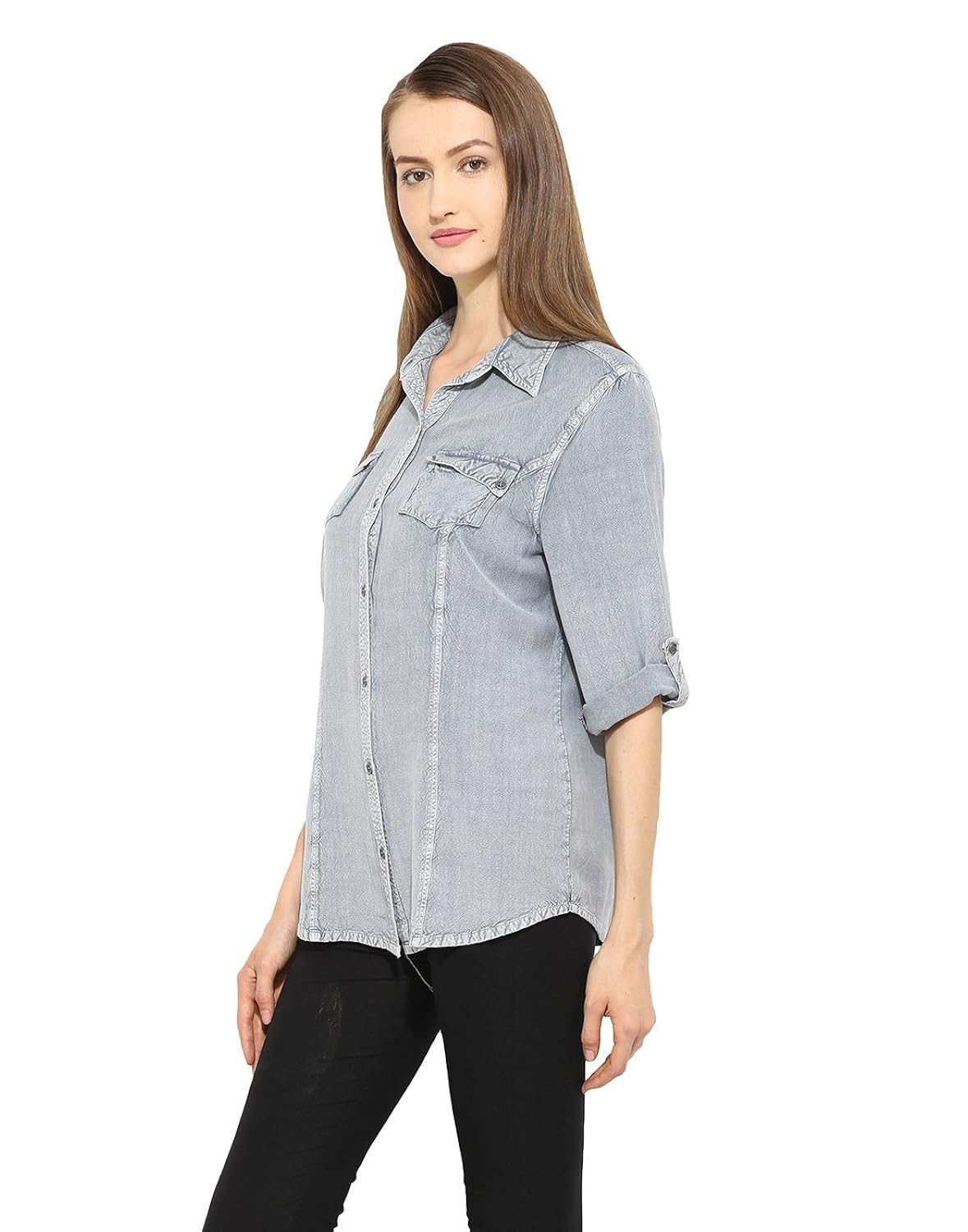 free & young front open washed shirt