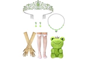 Maiteenly 6 Pcs Princess Costume Accessories Green Princess Crown Necklace Earrings Gloves Silk Stockings Frog Plush