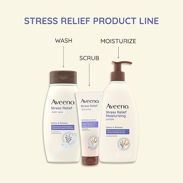 AVEENO STRESS RELIEF BODY SCRUB, EXFOLIATING BODY WASH FOR SOFTER, SMOOTHER SKIN, FORMULATED WITH PREBIOTIC OAT & LAVENDER SCENT TO CALM & RELAX, SULFATE-FREE & SOAP-FREE, 8 FL. OZ