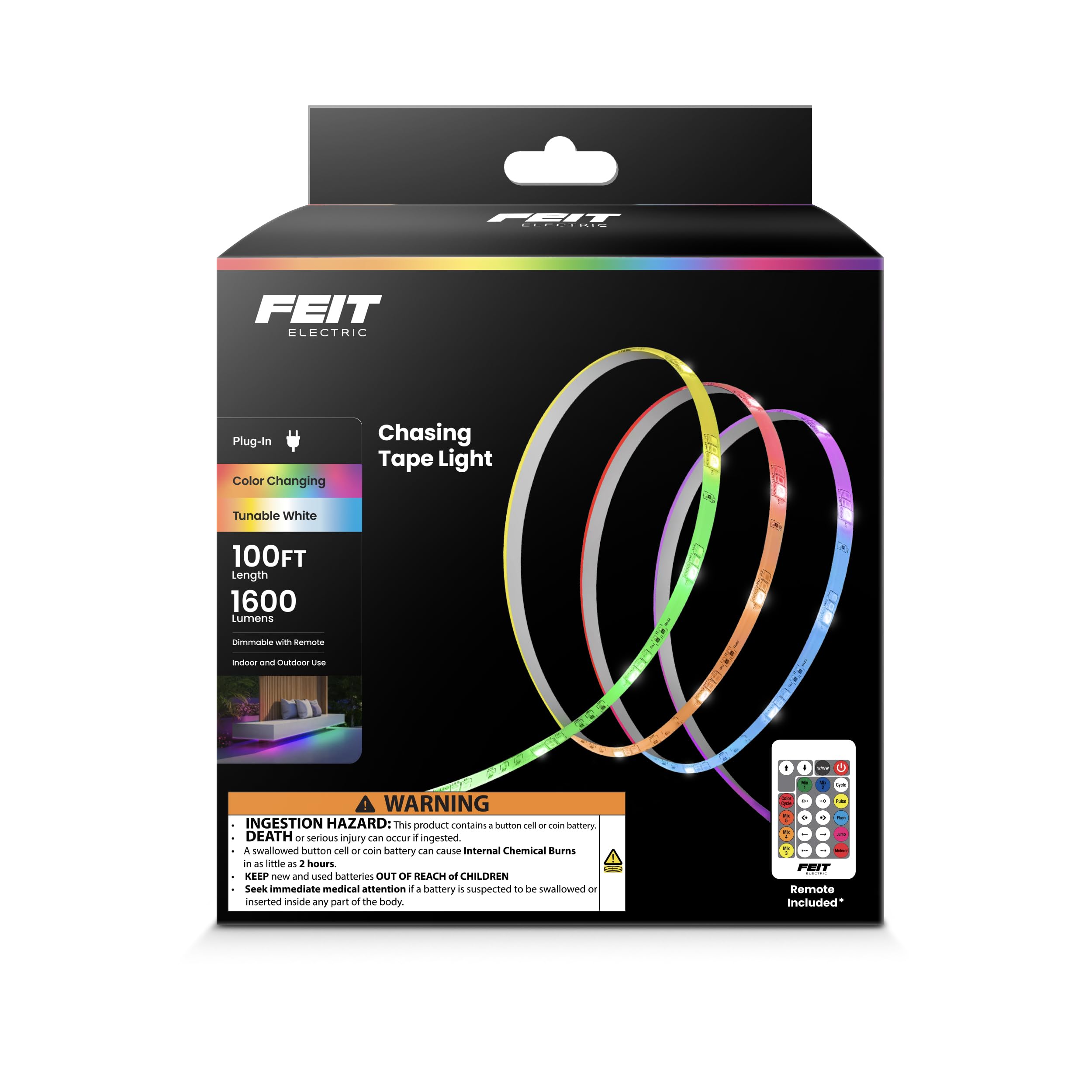 Photo 1 of Feit Electric 100ft Chasing & Tunable White LED Tape Light, Dimmable, RGB Colors, Cuttable for Custom Fit, Slim 0.4-Inch Width, Indoor/Outdoor Plug-in Light Strip, Remote Controlled, TAPE1200/CHASE