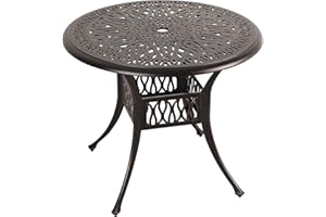 JOIVI 35.4” Cast Aluminum Outdoor Table, Round Patio Dining Bistro Table with 2” Umbrella Hole, Lattice Design Antique Bronze