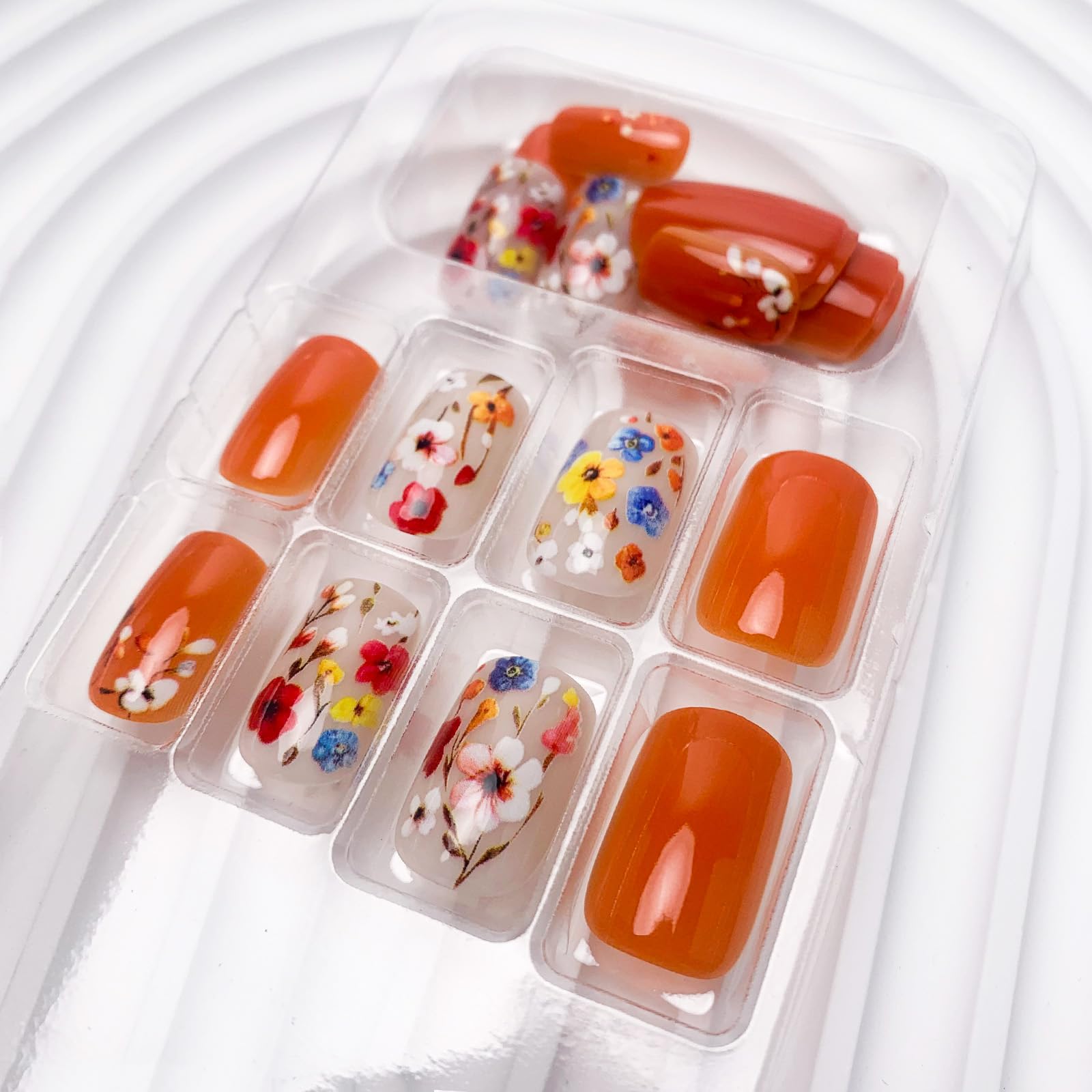 Flower Press on Nails Short Square Spring Nails Press ons Medium Orange Fake Nails with Floral Design Glue on Nails Glossy Floral False Nails Full Cover Acrylic Stick on Nails for Women Girls 24Pcs - Image 3