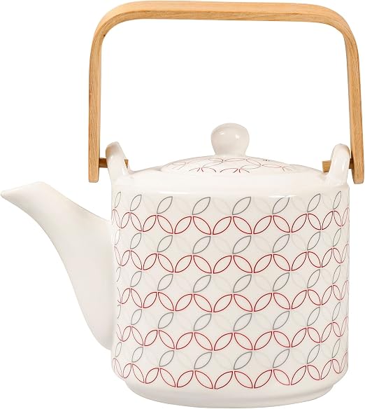 Ostaria Leo Théière Bois Et Porcelaine Blanc Rouge Et