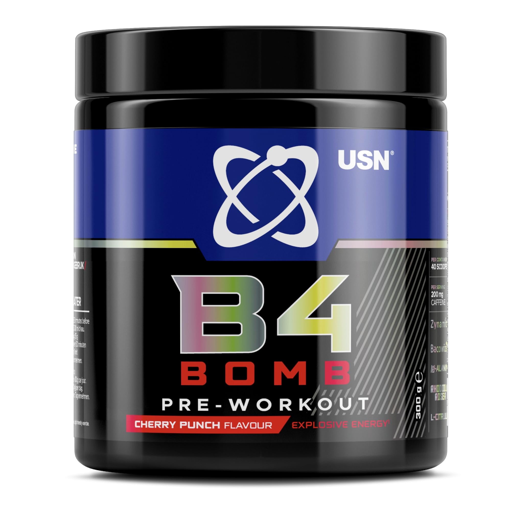 USN B4 Bomb Pre Workout Powder - 300g (20 Servings) Energy Drink Powder for Explosive Energy & Performance, 200mg Caffeine, 6000mg Citrulline, Creatine & 2000mg Beta Alanine - Cherry Flavour