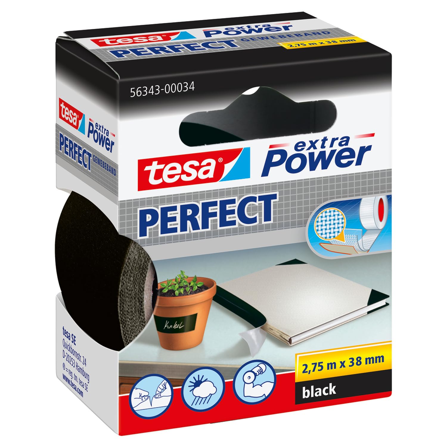 tesa UK Extra Power Multi-Purpose Cloth Tape, 2.75 m x 38 mm - Black