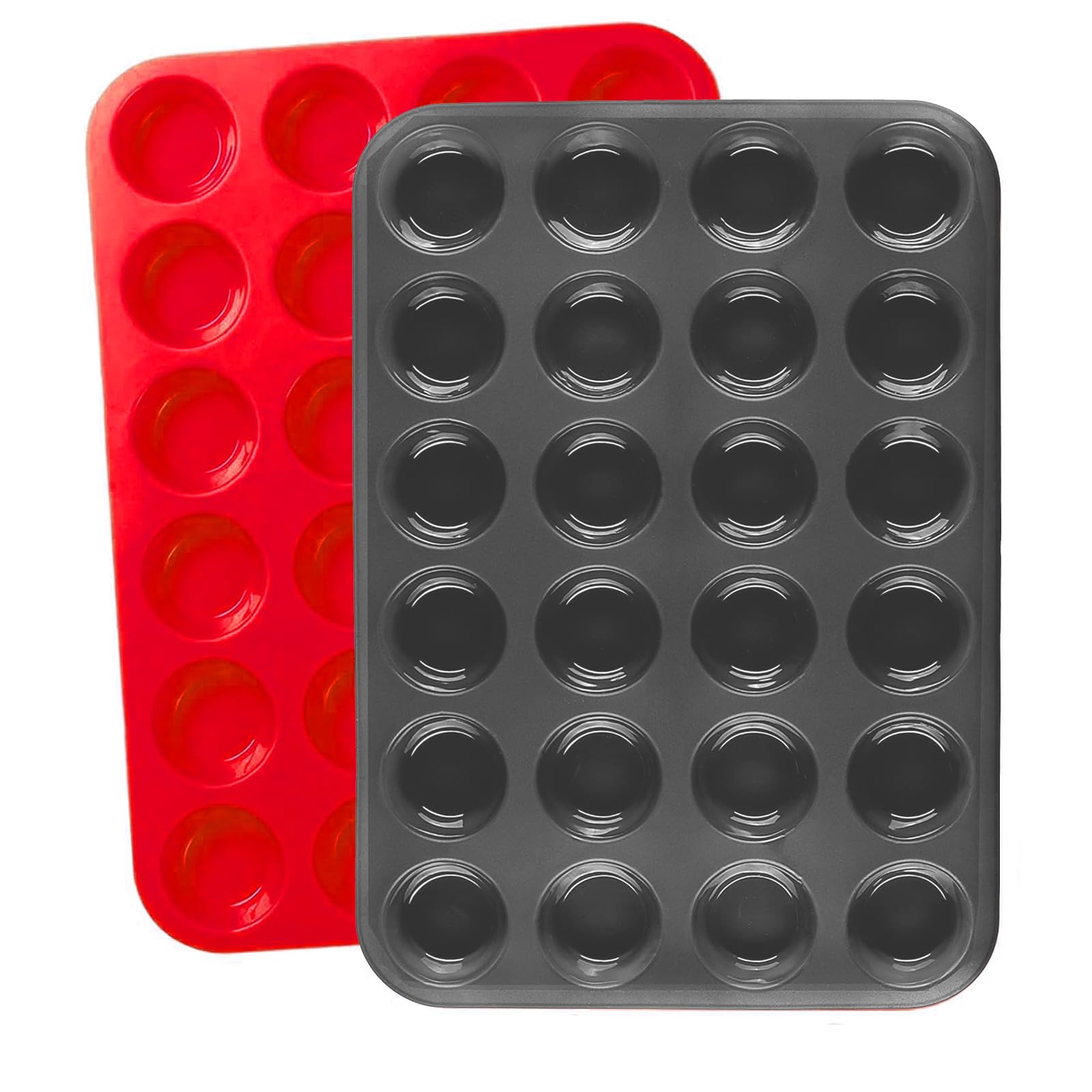 XMDROU 2 Pack Mini Muffin Pan, 24 Cups Silicone Cookies Cupcake Bakeware Tin Round Cupcake Tray Baking Mould Non Stick Heat-Resistant (Red + Grey)