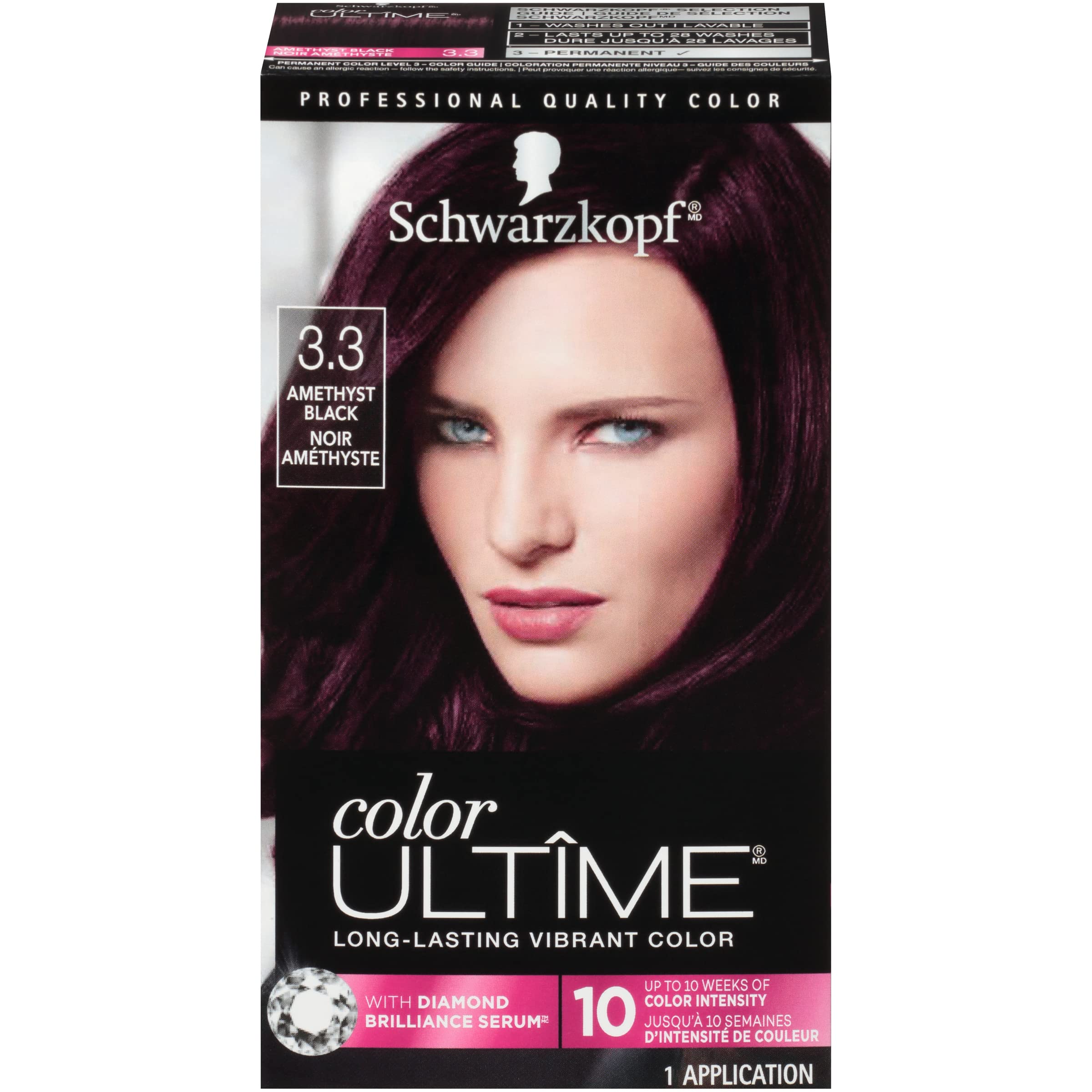 Schwarzkopf Color Ultime 3.3 Amethyst Black Hair Dye, Permanent Intense Black with Diamond Brilliance, Fade-Resistant, Covers Grays, All Hair Textures
