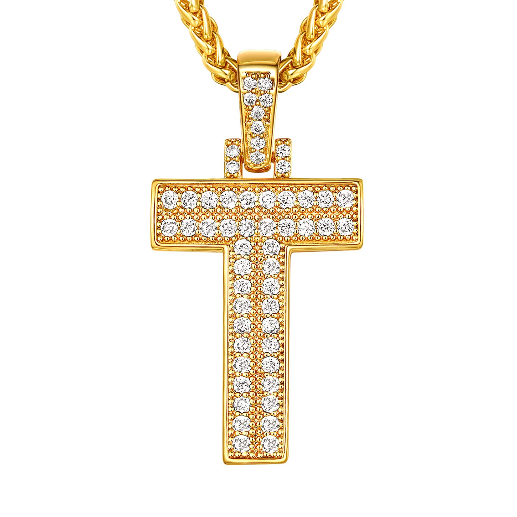 Suplight Bling Diamond Initial Letter Pendant, Bling T Necklace for Men, Hip Hop Jewelry Tennis Letters Pendant Chain, Gold Plated Cubic Zirconia Mens Alphabet Necklace A-Z — image 1