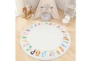 AKASISRUG Round ABC Animal Alphabet Playroom Rug, 4 ft Washable Non-Slip Cute Nursery for Kids Room, Educational Play Classroom for Bedroom Decor