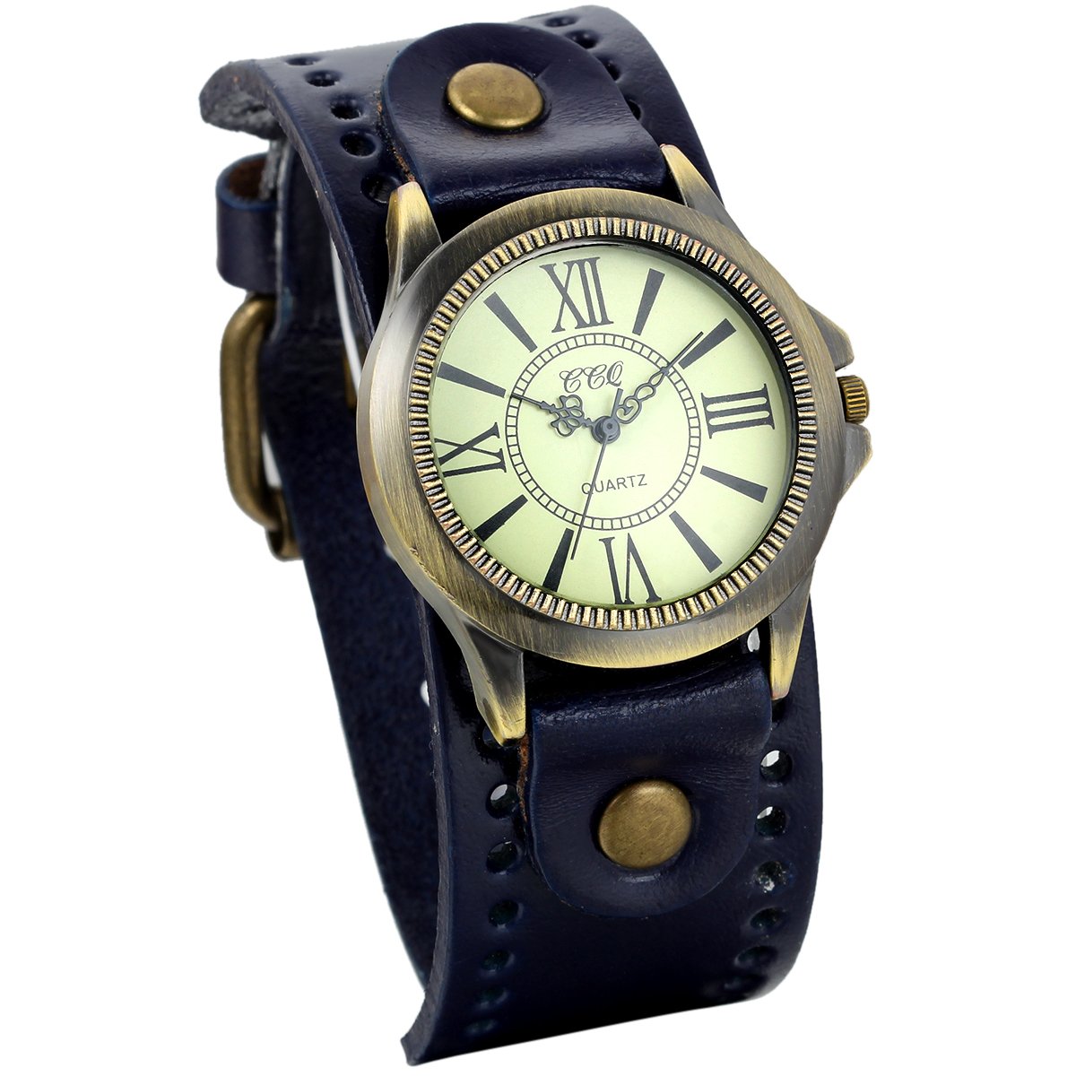 JewelryWe Vintage Leather Strap Wide Band Wristwatch Cuff Quartz Watch for Men - Blue — image 1