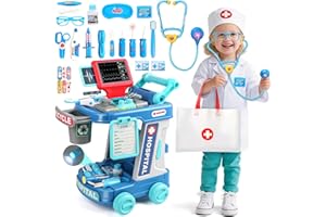 FAJIABAO Doctor Kit for Toddlers 3-5 Fun Kids Doctor Play Set for 2 3 4 5 Year Old Girls Boys Dress Up Toys with Cart Costume and Stethoscope Dentist Vet Toddler Pretend Play Toys for Christmas Birthday Gifts