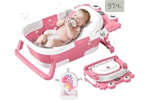 WYFKYD Collapsible Baby Bathtub for Newborns to Toddler with Real-time Temp Monitor & Floating Cushion,Portable Travel Tub for 0-36 Month, Foldable Baby Bath Tub for Infants Girl (Pink)