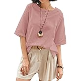 Cnlinkco Linen Tops for Women 3/4 Sleeve Crew Neck Cotton Shirts Casual Jacquard Boho Blouse