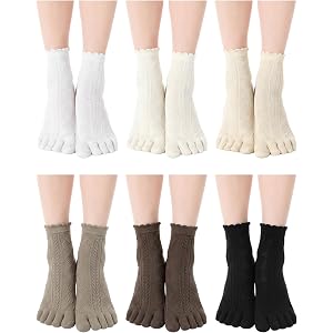 Fourluoo 6 Pair Women Toe Socks Cotton Cute Ruffle Crew Socks with Separated Toes Five Ankle Socks for Women Men Athletic