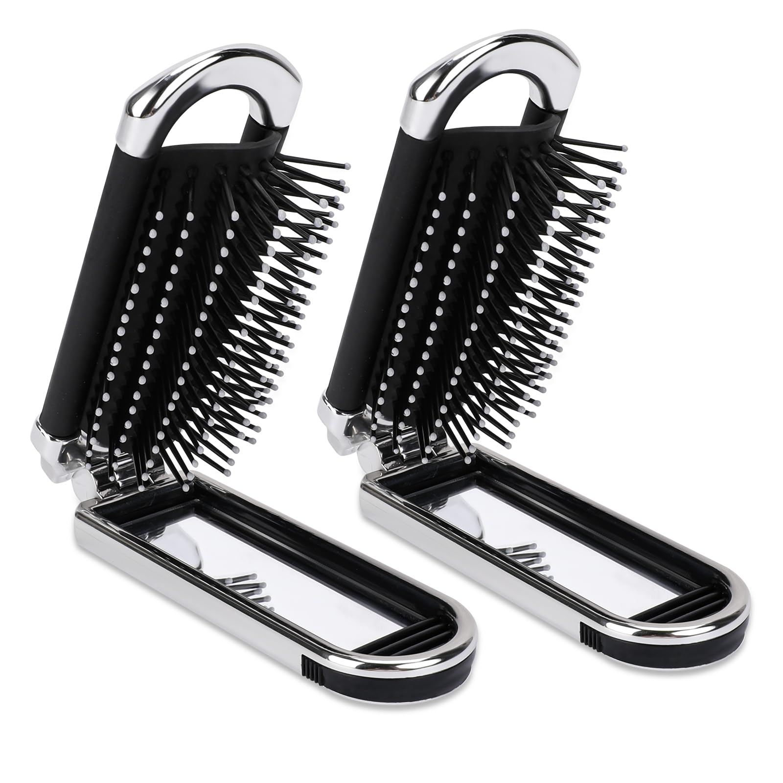 Travel Folding Hair Brush with Mirror, 2 Pack Compact Pocket Size Hairbrush Mini Massage Comb Hair Styling Tools for Gym,Trip,Purse,Swimming (Removable Mirror)
