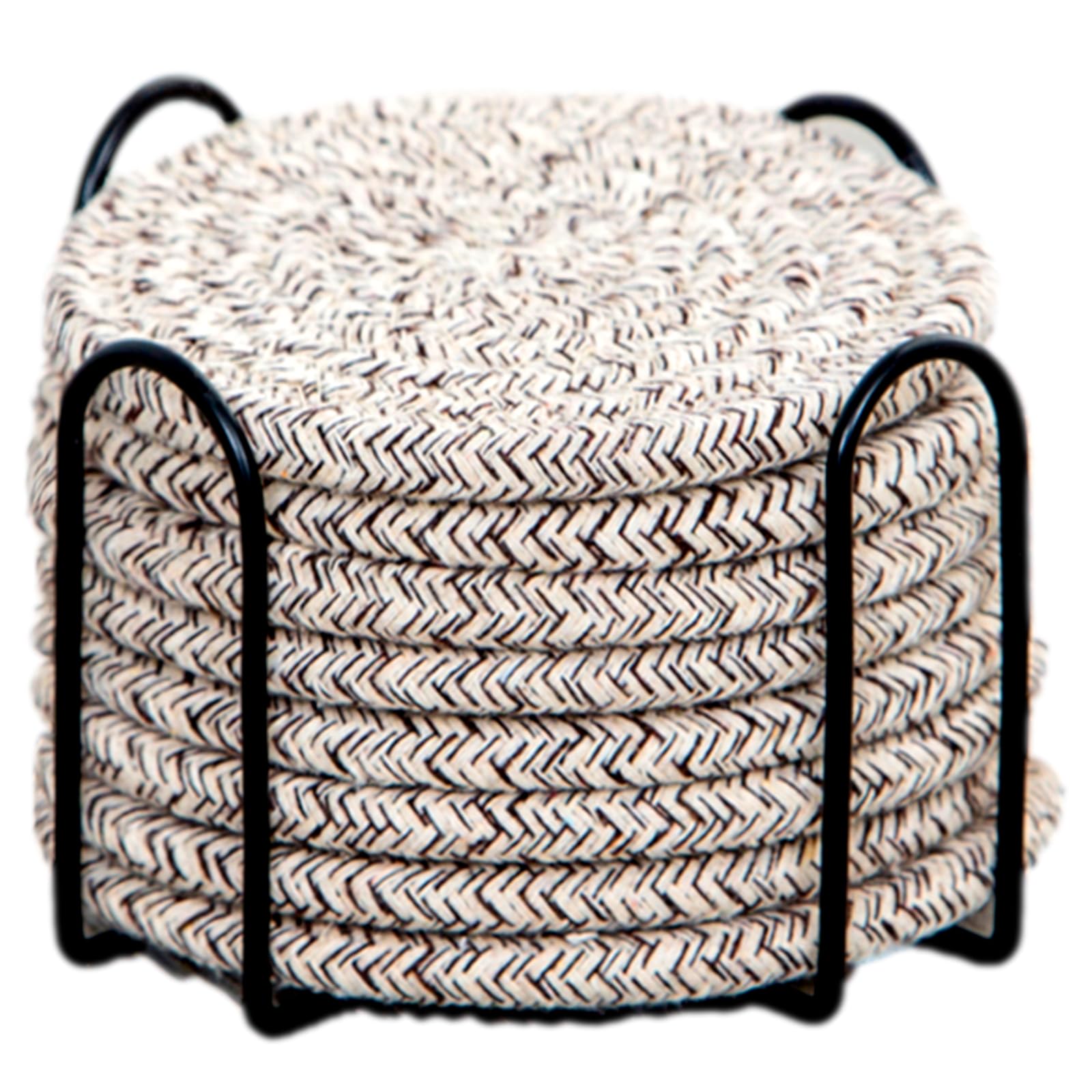 ComfortAce Absorbent Coasters for Drinks - 8 Pack Boho Cotton Coaster Set for Coffee Table - Stylish Natural Material Home Decor, Color Cup Coasters with Holder, Gray Beige