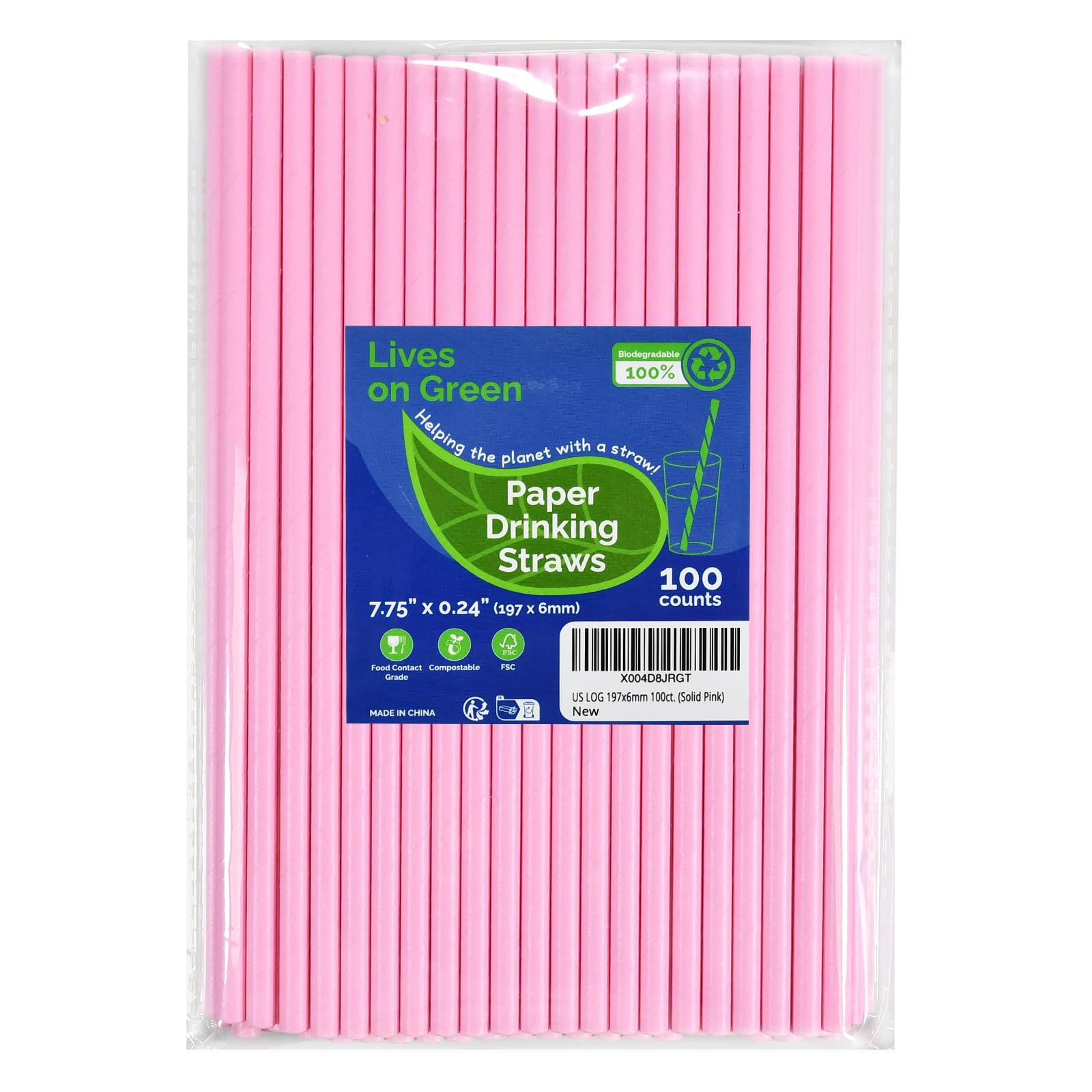 Lives on Green Solid Pink Disposable Paper Straws 19.7cm Pack of 100 - for Party, Cocktails, Cake Pops, Bars, Restaurants