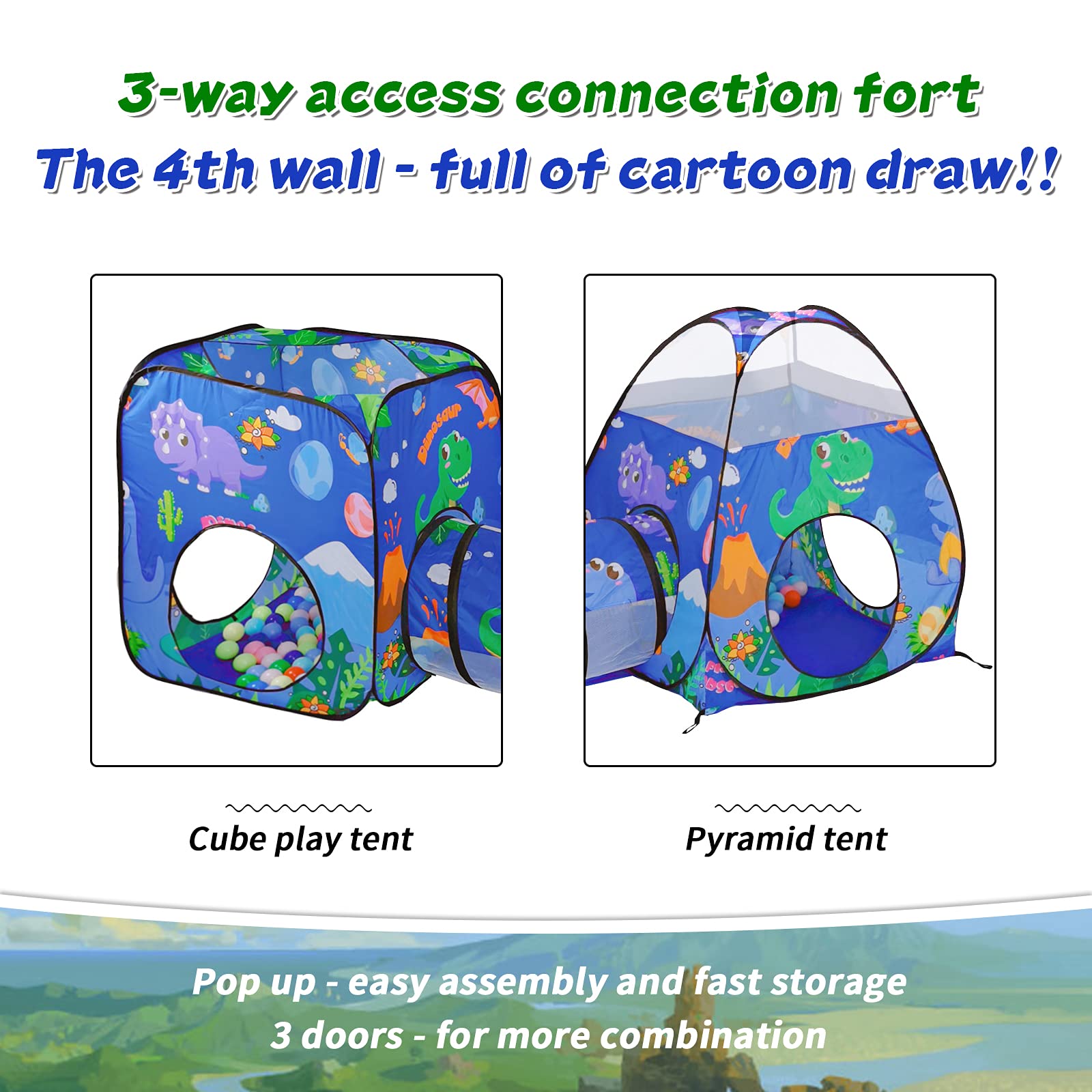 TTLOJ Gift 5PC Dinosaur Kids Play Tent with Ball Pit, Crawl Tunnel, Toddlers Playhouse Castle Toys, Baby Boys Girls Gift for 3 4 5 6 7 Years Old, Outdoor Indoor(Balls Not Included