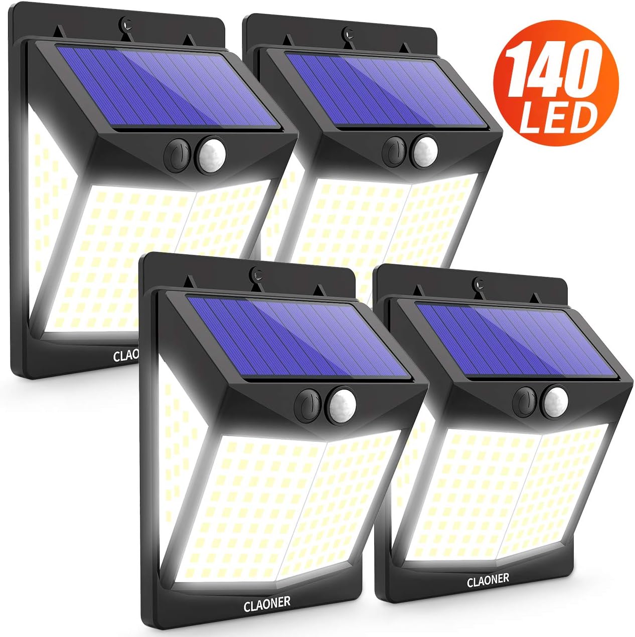 CLAONERã€ 140 LED/4 Packsã€‘Solar Motion Sensor Lights, Wireless Solar