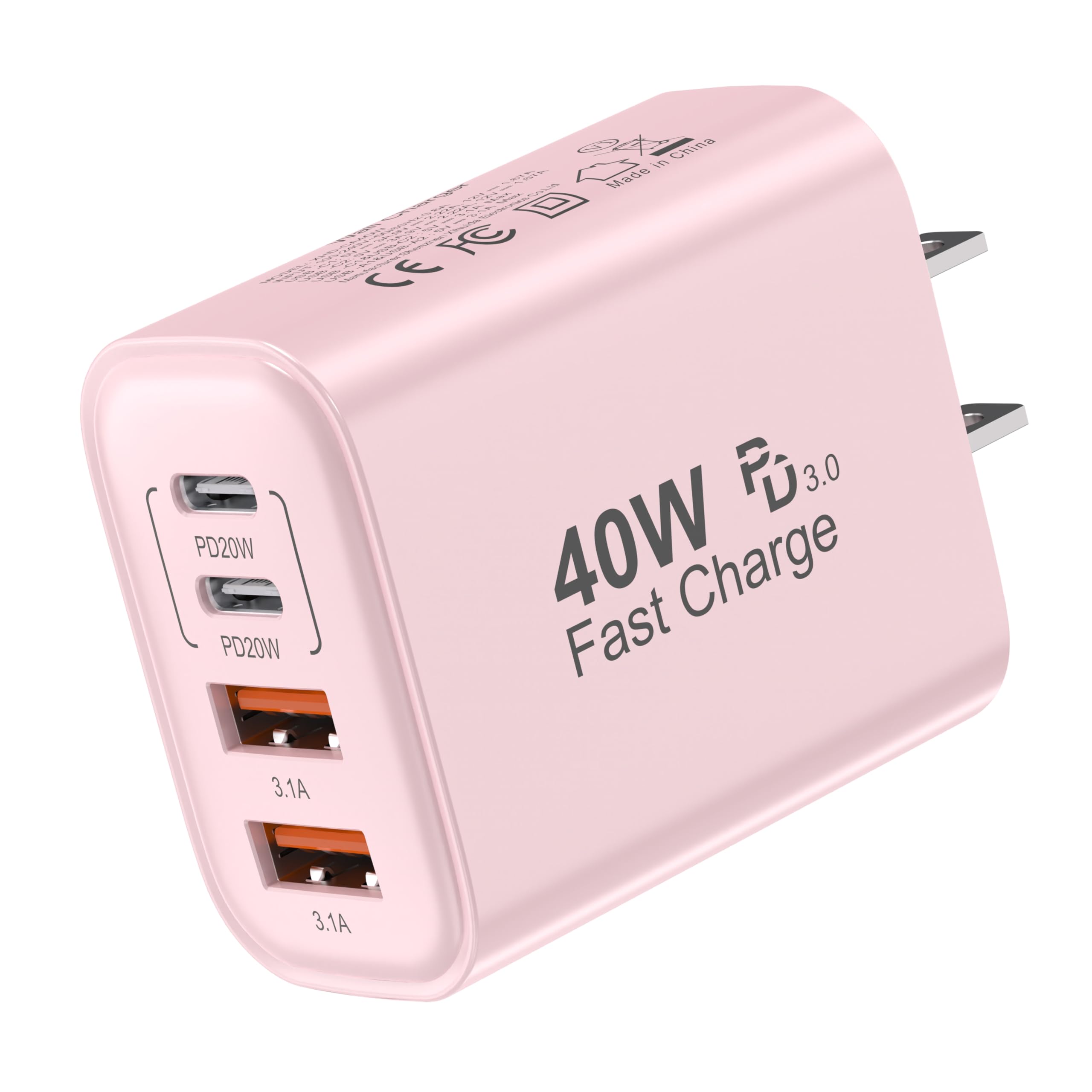 TT&C USB C Block 40W, 4 Ports Wall Plug Fast Charging Block, PD+QC Multiport Power Adapter USB C Charger Type C for iPhone 17, 17 Air, 17 Pro, 17 Pro Max, 16,15,14,13,12, Galaxy Phones (Pink 1Pack)