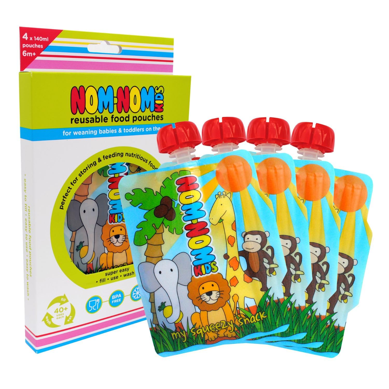Nom Nom Kids | 4 x Reusable Food Pouches 140ml | Baby Food pouches for Baby weaning | reusable yoghurt pouches | BPA FREE | Side fill | UK designed