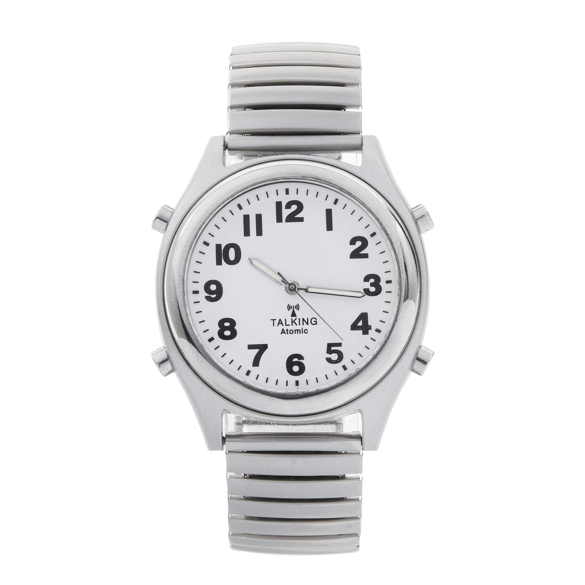 Atomic Talking Watch,Sets Itself with a Touch of a Button! Unisex Watch w/Alarm Speaks Time, Day, Date & Year. Great for The Blind, 7.5 stretches to 9 inches, 8421 (Silver)