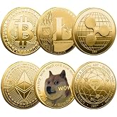 6PCS Cryptocurrency Commemorative Coin Set - Novelty Coins with Protective Acrylic Cases for Bitcoin, Ethereum, Dogecoin, XRP Coin, Litecoin, USDT Fans