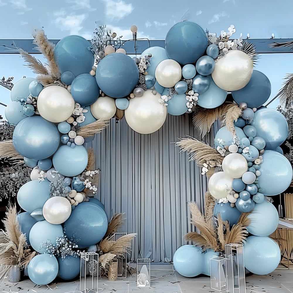 Photo 1 of Dusty Blue Balloon Garland Double Stuffed Slate Pastel Blue White Sand Pearl Balloon Arch Kit for Baby Shower Birthday Bridal Shower Wedding Graduation Party Decorations