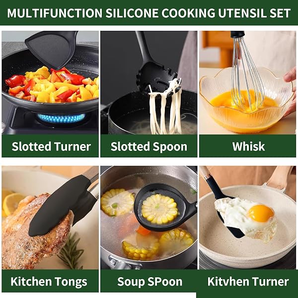 JIUFEI HOME 13-PIECE SILICONE KITCHEN UTENSILS SET, WOODEN HANDLE NONSTICK COOKING TOOLS WITH SPATULA TURNER TONGS LADLE, HEAT RESISTANT 450°F BPA-FREE DISHWASHER SAFE COOKWARE ACCESSORIES (WHITE)