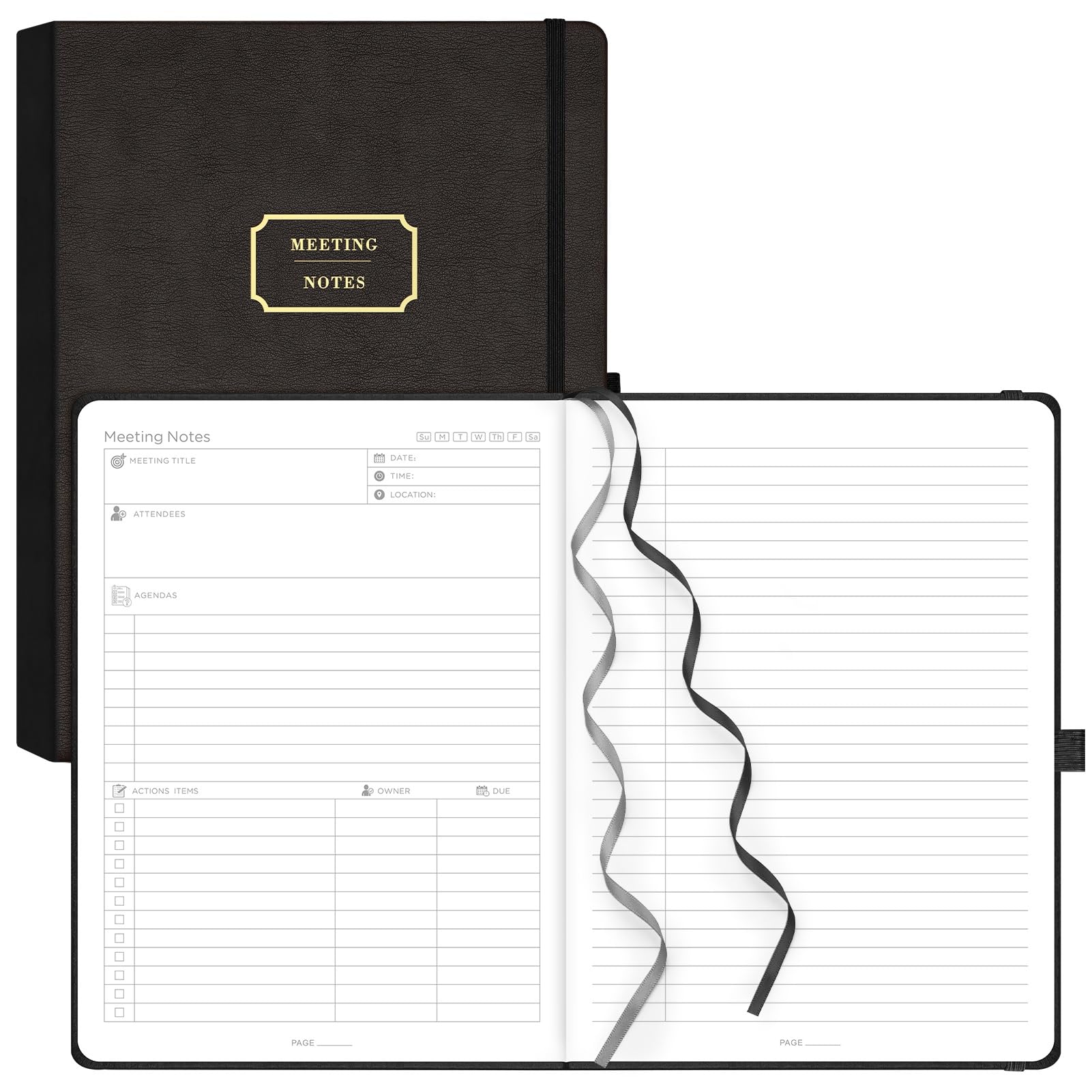 EMSHOI B5 Meeting Notebook - Hardback Notepad Diary with 320 Pages 100gsm Thick Paper, Sticky Notes, Pen Holder, Inner Pocket, Leather Journal for Women Men Business Work, 19 X 25cm - Black