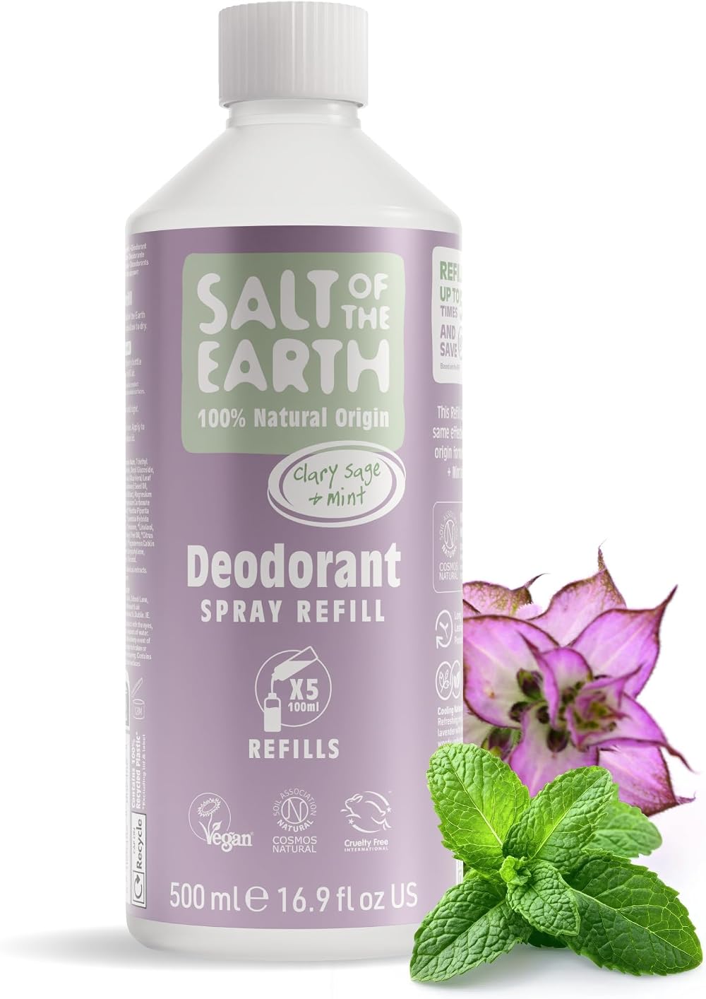 Salt Of The Earth Natural Deodorant Spray Refill Clary Sage & Mint 500ml