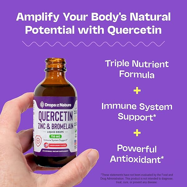 QUERCETIN WITH BROMELAIN & ZINC (5MG) LIQUID DROPS – IMMUNE SUPPORT FOR ADULTS & KIDS – ULTRA-CONCENTRATED BIOFLAVONOIDS – IMMUNE DEFENSE – CELLULAR HEALTH – VEGAN, NON-GMO, GLUTEN FREE – 2 FL OZ