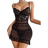 Avidlove Sexy Lingerie Lace Bodycon Dress Ruffle Underwire Mesh Floral Outfits Babydoll Lingerie Set with Thong