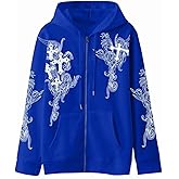 Gecagal Unisex Y2K Zip Up Hoodie Gothic cross Graphic Emo Grunge Women Men Loose Baggy Fleece Jacket Punk Streetwear