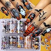 10 Rolls Halloween Nail Foil Transfer Stickers Decals, Kawaii Halloween Nail Polish Sheets Sky Starry Paper Transfer Foils Cartoon Pumpkin Skeleton Glue Women Manicure Nail Film Decorations