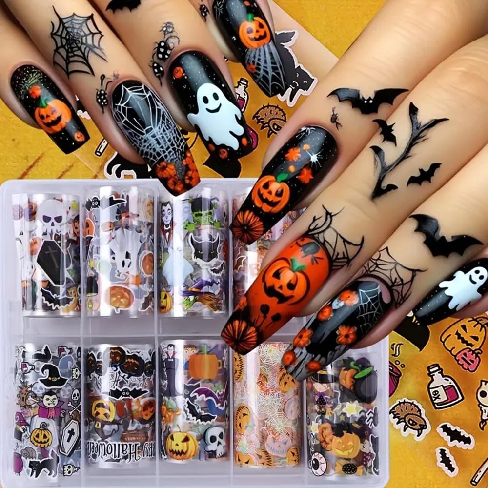 Photo 1 of 10 Rolls Halloween Nail Foil Transfer Stickers Decals, Kawaii Halloween Nail Polish Sheets Sky Starry Paper Transfer Foils Cartoon Pumpkin Skeleton Glue Women Manicure Nail Film Decorations