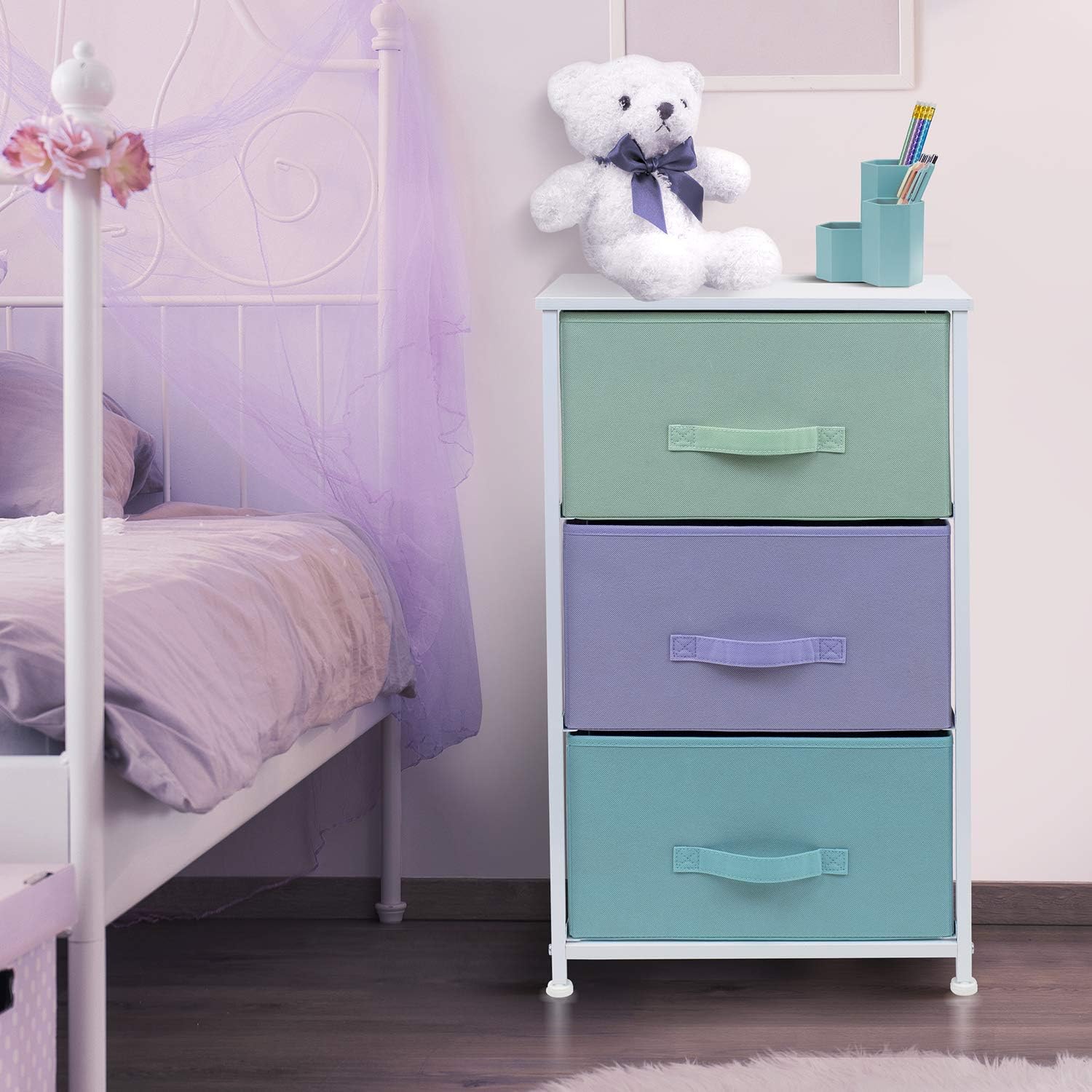 Sorbus Nightstand with 3 Drawers - Bedside Furniture & Night Stand End Table Dresser for Home, Bedroom Accessories, Office, College Dorm, Steel Frame, Wood Top (3-Drawer, Pastel/White): Kitchen & Dining