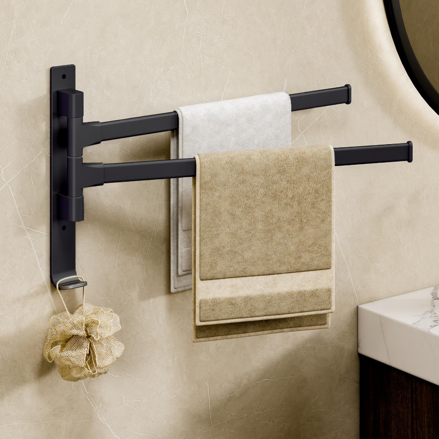 yozhch Swivel Towel Rail Wall Mounted, Bathroom Rotating Small Towel Rack, Lavatory Swing Hand Towel Holder Folding Bar, 2 Arm Length 32cm, Black