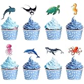 WERNNSAI 32 PCS Ocean Cupcake Toppers Under the Sea Animal Cake Decor | Shark and Dolphin Birthday Party Decorations, Under The Sea Cake Toppers for Kids, Summer Ocean Baby Shower Supplies