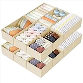 DIMJ Drawer Organizers Clothes, Set of 16 Dresser Organizer Bins, Fabric Closet Organizers and Storage, Shallow Drawer Dividers for Nursery, Clothing, Baby Clothes, Socks, Underwears, Tie (Beige)