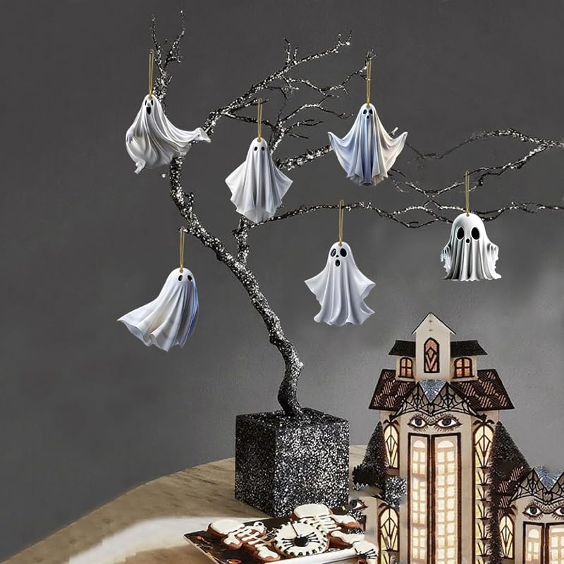 Halloween Geist Anhänger, 6 Stück Geister Hängend Deko, Halloween Deko zum Aufhängen, Acryl Anhänger Deko für Innen Außen Garten Party Dekoration