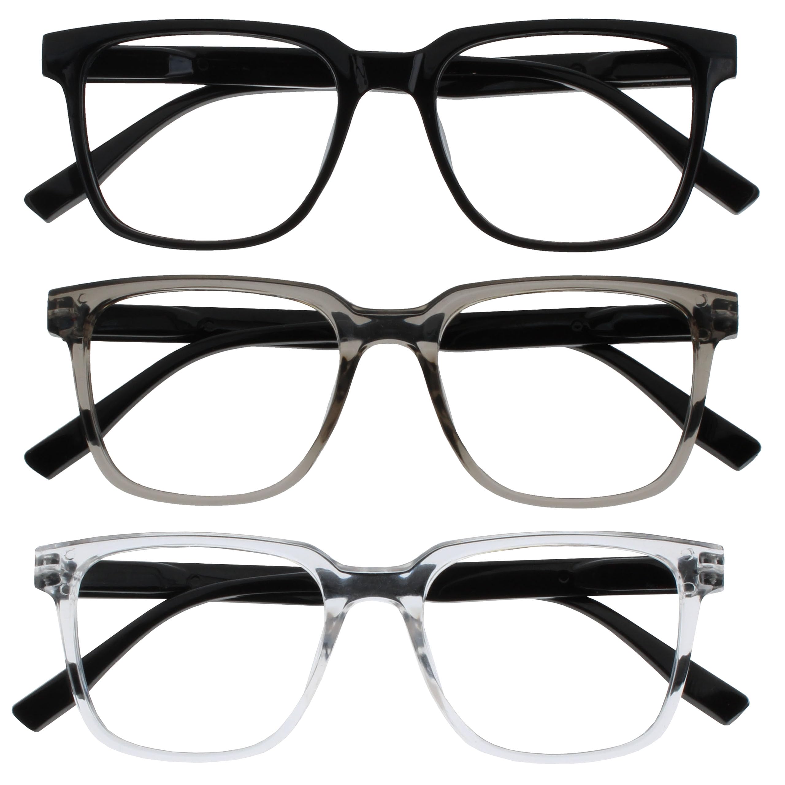 OPULIZE LEO Reading Glasses - 3 -Pack - Large Rectangular Frame - Black, Grey, Clear - Mens Womens - Spring Hinges - RRR55-17C - +2.00