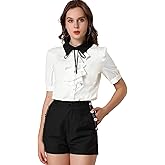 Allegra K Women's Ruffle Shirts Contrast Collar Button Down Short Sleeve Work Blouse