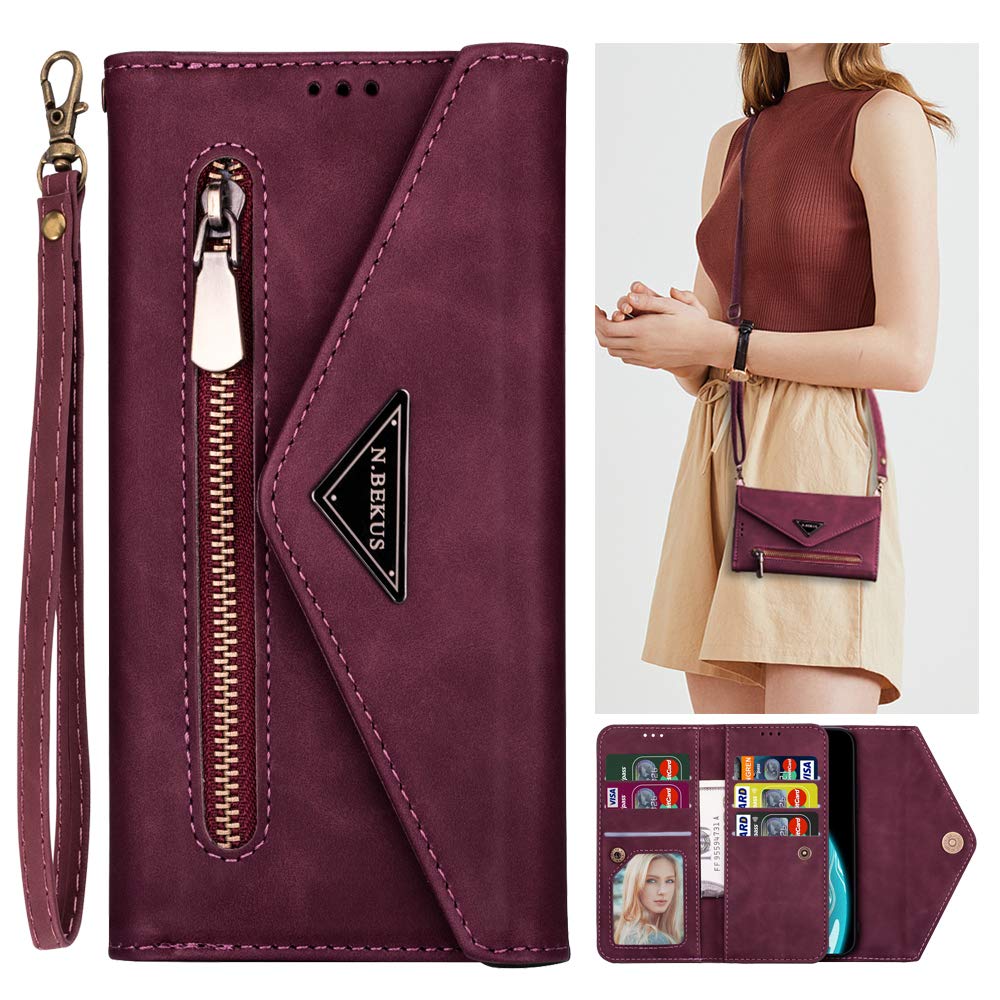 SUMOON Samsung Galaxy Note 9 Case Crossbody Lanyard Flip Case Zipper Wallet Purse for Women Girl Galaxy Note 9 Leather Folio Cover with Card Holder Shoulder Strap Coin Pocket Shockproof Case RED