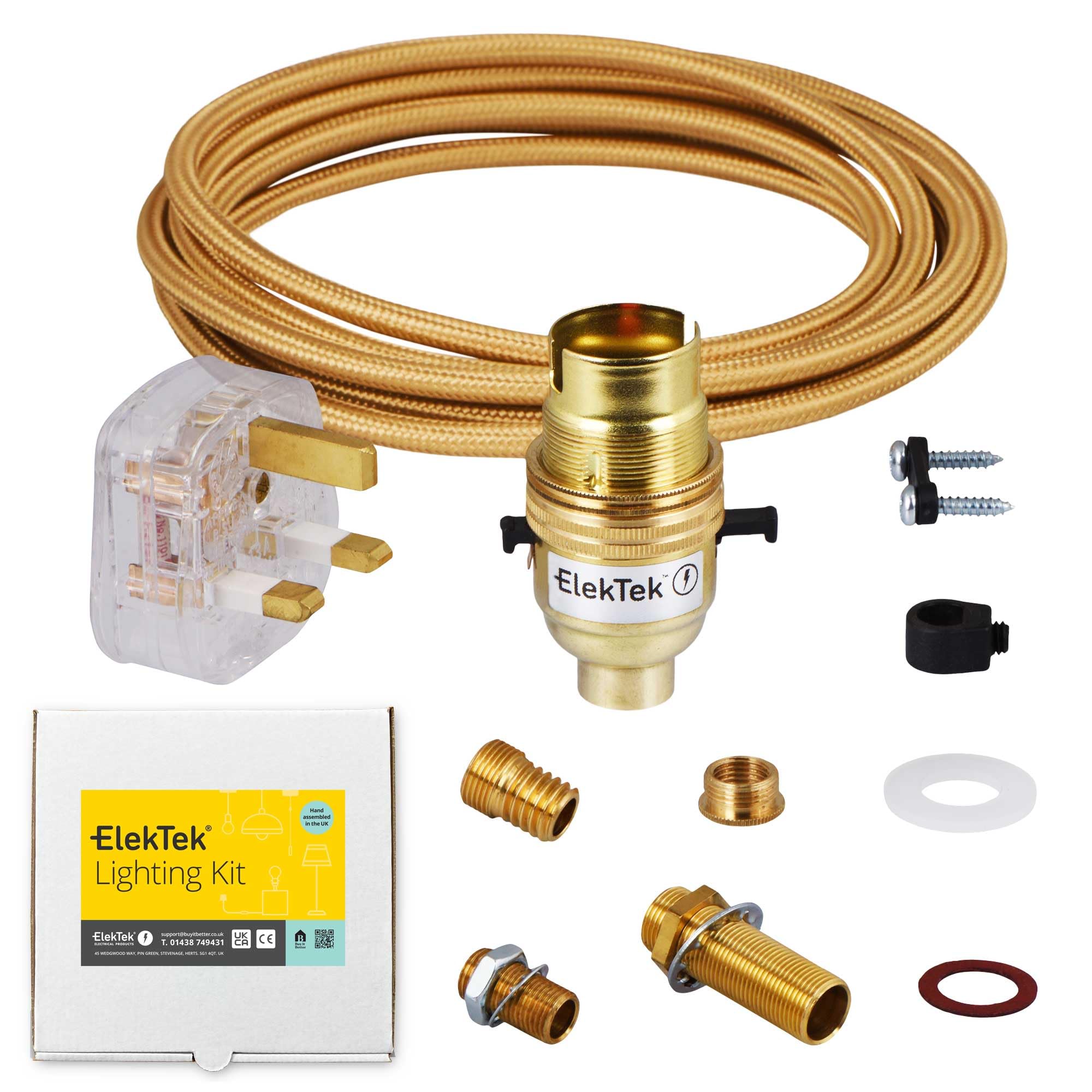 ElekTek Premium UK B22 Lamp Refurbishment Fixing Kit, Solid Brass Safety Switched Bayonet Lampholder, Extensive Fittings Pack, 13A Plug (3A Fuse), Gold Round Braided Fabric 3-Core Lighting Flex Cable