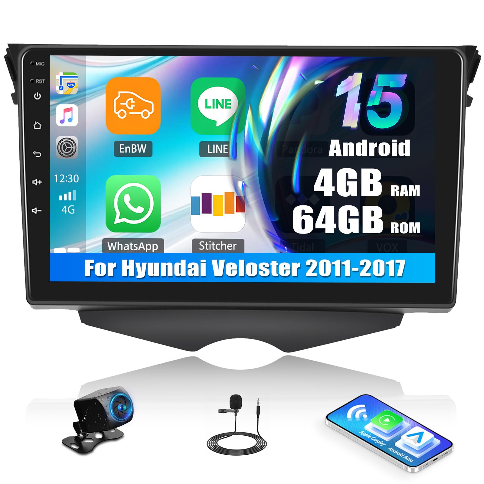 Photo 1 of [4G+64G] Android 15 Car Radio Stereo for Hyundai Veloster 2011-2017 with Wireless Carplay & Android Auto, 9'' Touch Screen Car Radio with Mirror Link Bluetooth WiFi GPS FM RDS EQ DSP SWC