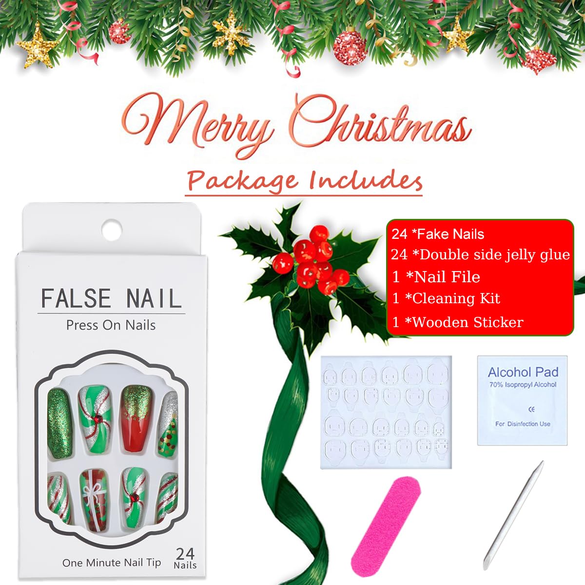 TULOBI Christmas Press on Nails Medium Coffin Fake Nails with Christmas Tree Designs Glitter Glue on Nails Xmas Design Green and Red Stripes Full Cover False Nails Artificial Acrylic Nails 24pcs - Image 6