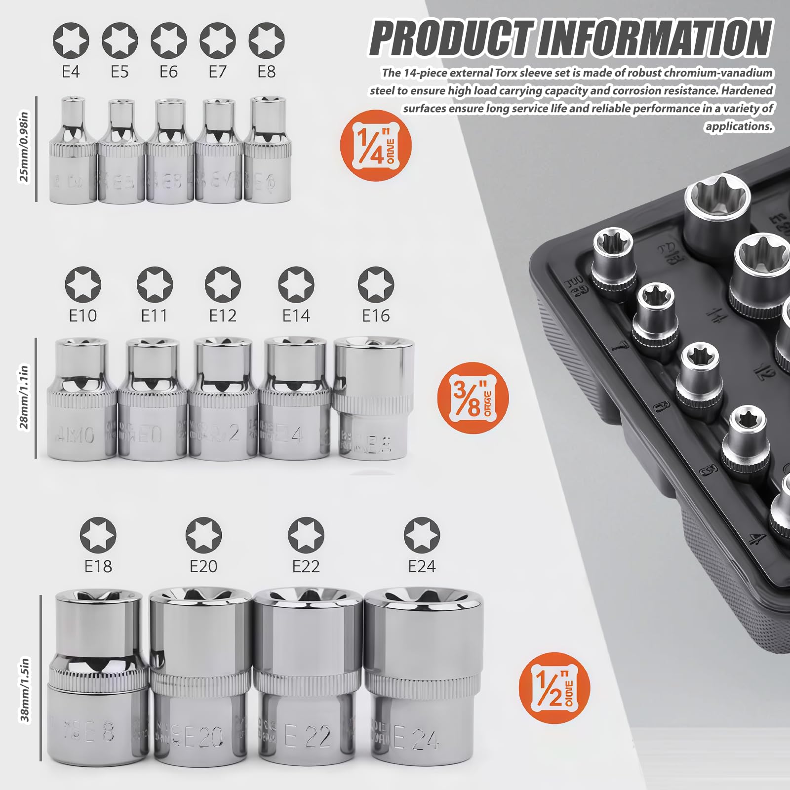 LEKEFETO 14-Teiliges Außen Torx Steckschlüssel Set 1/2'', 1/4'', 3/8'', Torx E Nüsse E4-E24 aus CR-V, Schraubenausdreher Satz, Muttern Entferner Set, Spiral-Profil-Steckschlüssel-Satz Bolzen Extraktor 2